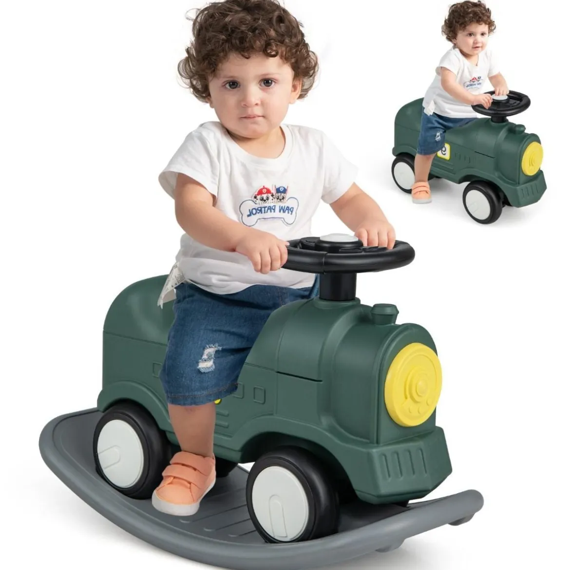 3 in 1 Schaukelpferd Schaukeltier & Rutschauto mit Abnehmbarem Balance Board Grün Zug