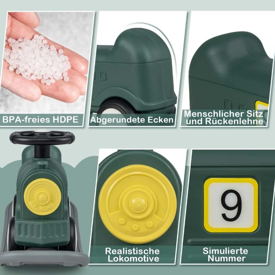 3 in 1 Schaukelpferd Schaukeltier & Rutschauto mit Abnehmbarem Balance Board Grün Zug