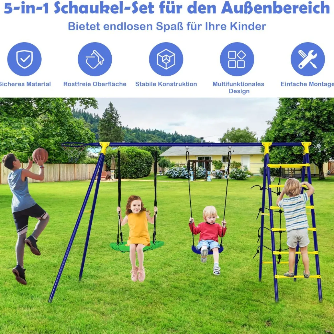 5 in 1 Schaukelset mit 2 Schaukeln Basketballkorb Kletternetz & Kletterleiter Kletter & Schaukelkombination Blau