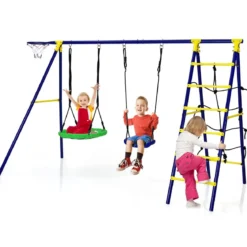 5 in 1 Schaukelset mit 2 Schaukeln Basketballkorb Kletternetz & Kletterleiter Kletter & Schaukelkombination Blau
