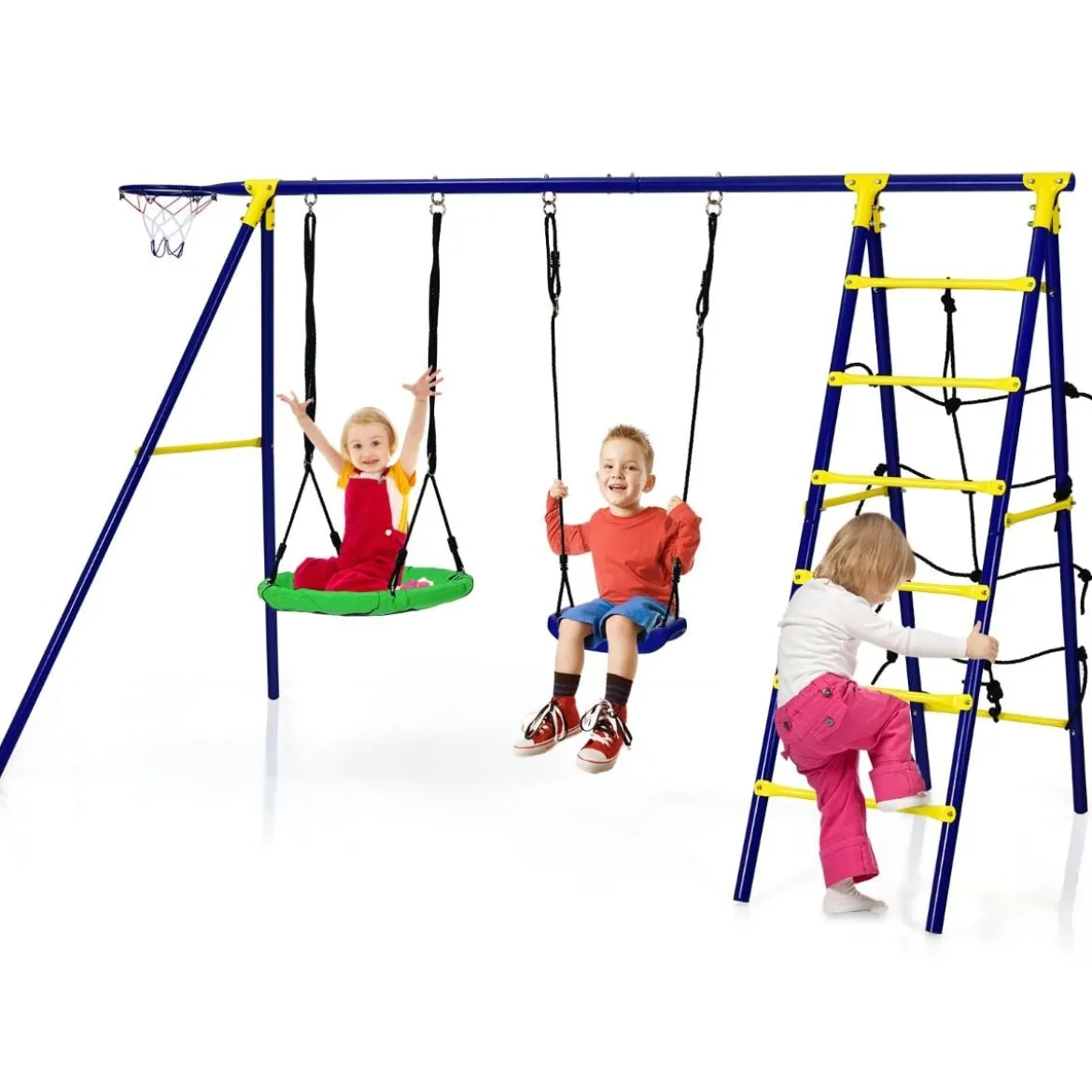 5 in 1 Schaukelset mit 2 Schaukeln Basketballkorb Kletternetz & Kletterleiter Kletter & Schaukelkombination Blau