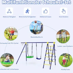 5 in 1 Schaukelset mit 2 Schaukeln Basketballkorb Kletternetz & Kletterleiter Kletter & Schaukelkombination Blau