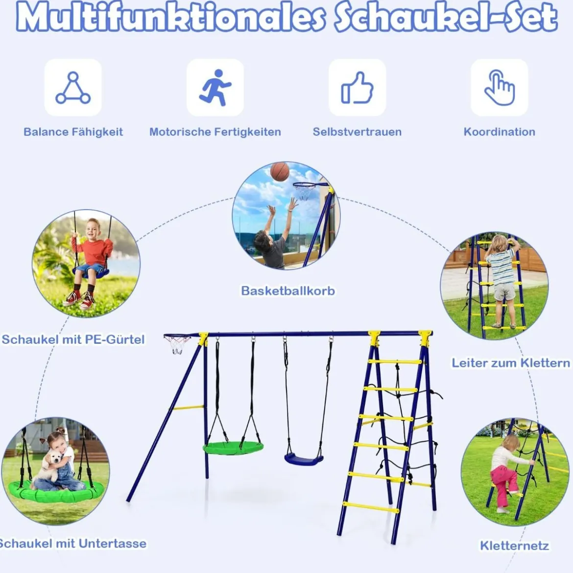 5 in 1 Schaukelset mit 2 Schaukeln Basketballkorb Kletternetz & Kletterleiter Kletter & Schaukelkombination Blau