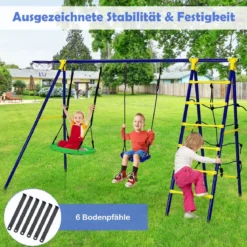 5 in 1 Schaukelset mit 2 Schaukeln Basketballkorb Kletternetz & Kletterleiter Kletter & Schaukelkombination Blau