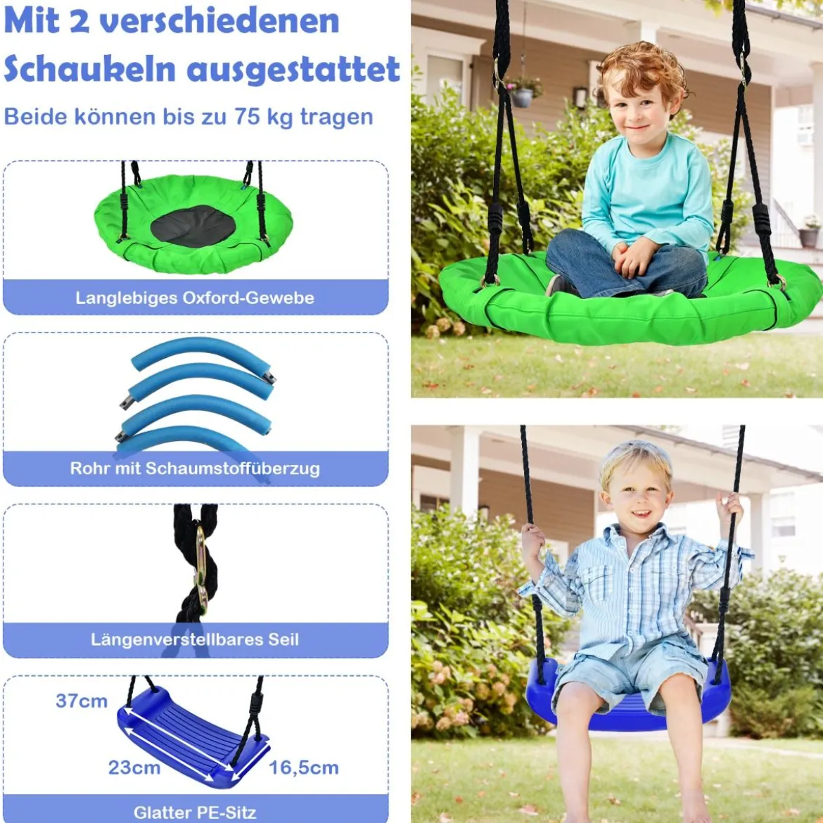 5 in 1 Schaukelset mit 2 Schaukeln Basketballkorb Kletternetz & Kletterleiter Kletter & Schaukelkombination Blau
