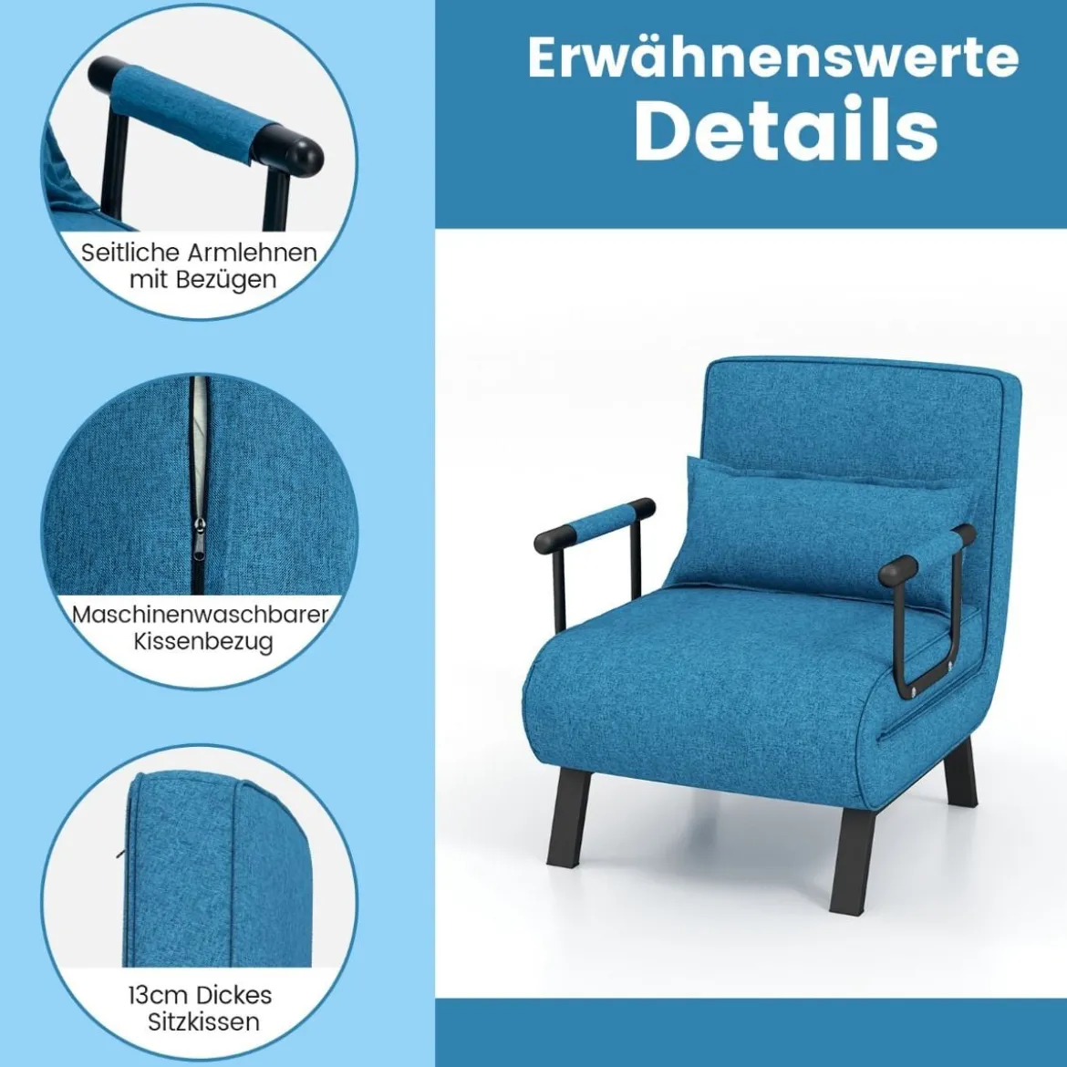 4 in 1 Schlafsessel Klappbar Schlafsofa mit 5 Stufig Verstellbarer Rückenlehne Blau