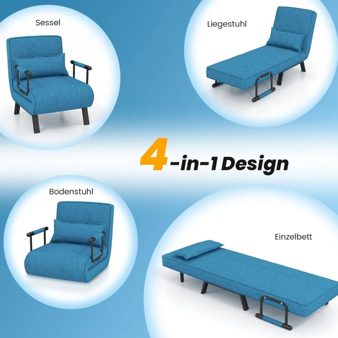 4 in 1 Schlafsessel Klappbar Schlafsofa mit 5 Stufig Verstellbarer Rückenlehne Blau