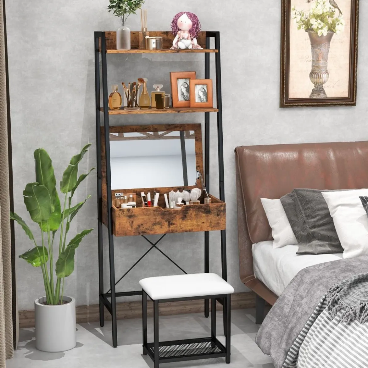 2 in 1 Schminktisch mit Hocker & Spiegel & Doppelten Ablagen & Verstecktem Schrank Schwarz Braun