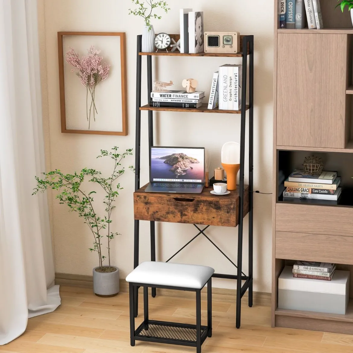 2 in 1 Schminktisch mit Hocker & Spiegel & Doppelten Ablagen & Verstecktem Schrank Schwarz Braun