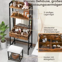 2 in 1 Schminktisch mit Hocker & Spiegel & Doppelten Ablagen & Verstecktem Schrank Schwarz Braun