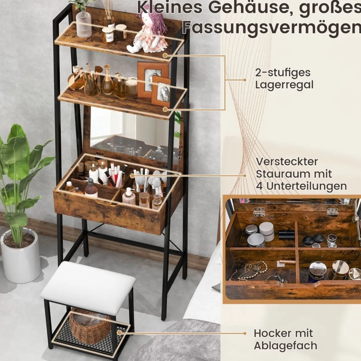 2 in 1 Schminktisch mit Hocker & Spiegel & Doppelten Ablagen & Verstecktem Schrank Schwarz Braun