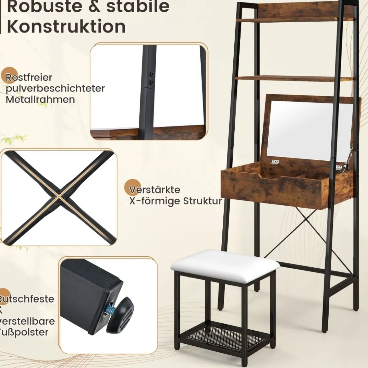 2 in 1 Schminktisch mit Hocker & Spiegel & Doppelten Ablagen & Verstecktem Schrank Schwarz Braun