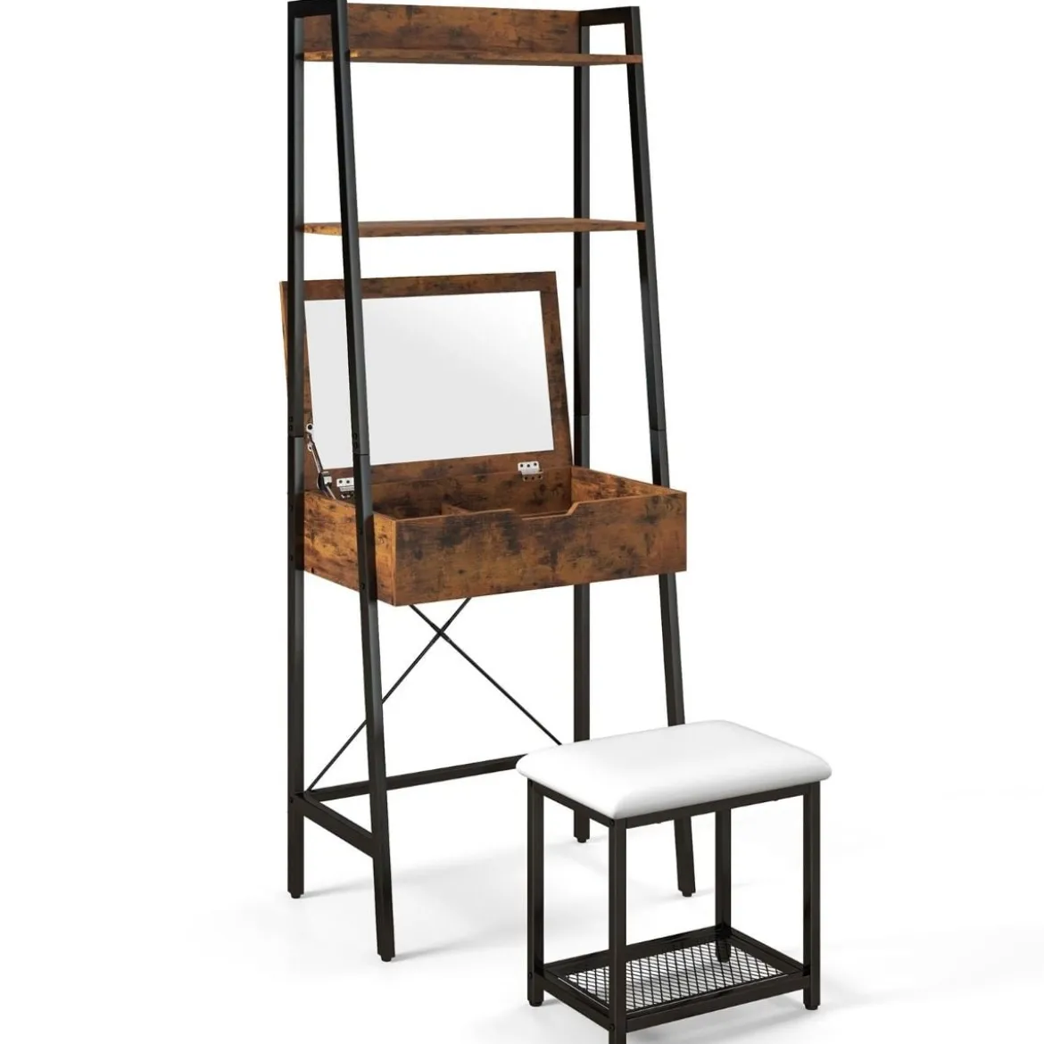 2 in 1 Schminktisch mit Hocker & Spiegel & Doppelten Ablagen & Verstecktem Schrank Schwarz Braun