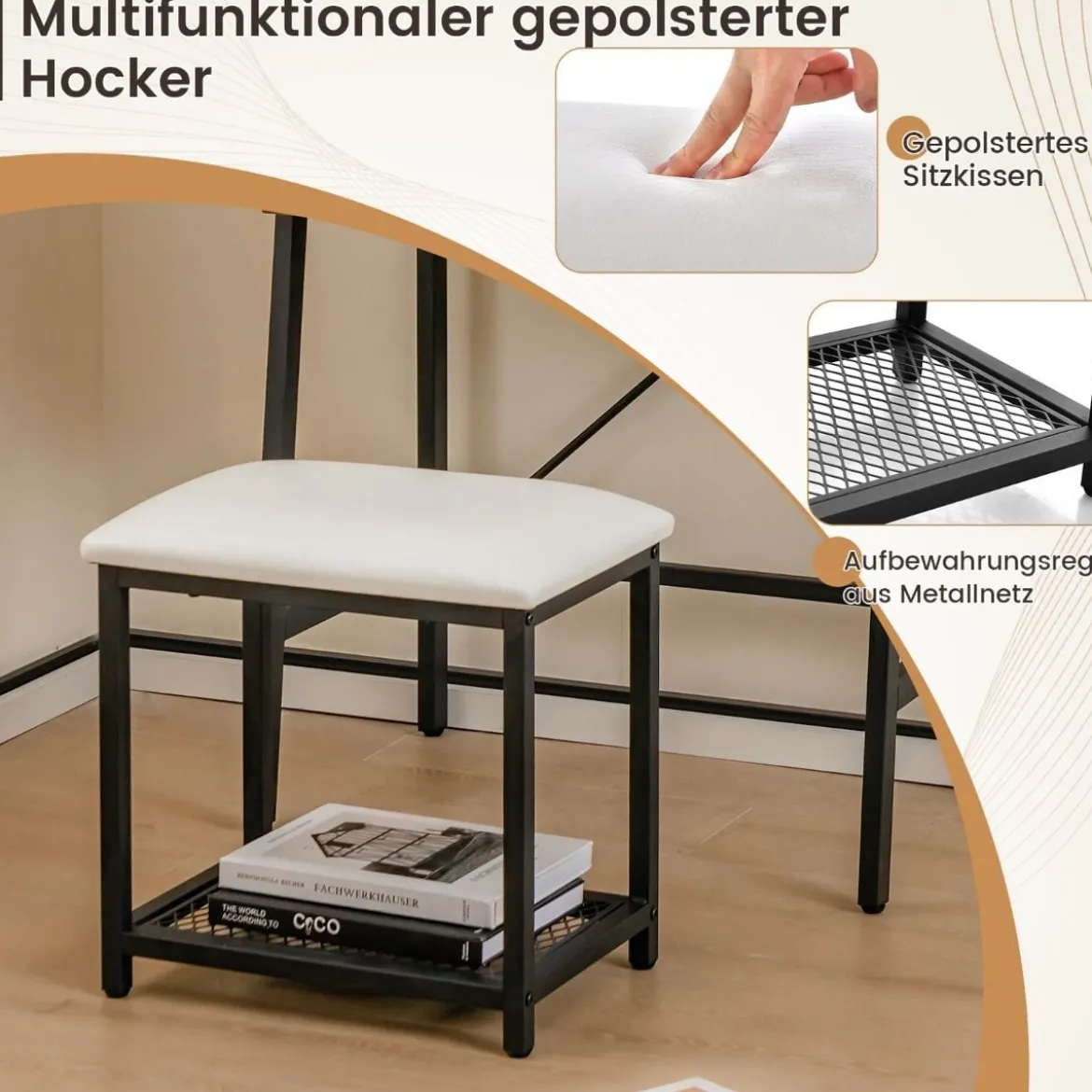 2 in 1 Schminktisch mit Hocker & Spiegel & Doppelten Ablagen & Verstecktem Schrank Schwarz Braun