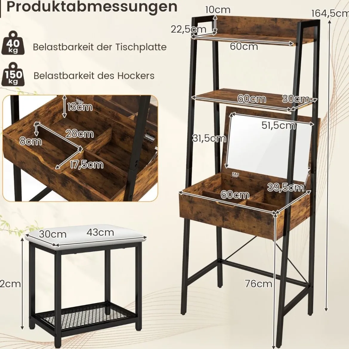 2 in 1 Schminktisch mit Hocker & Spiegel & Doppelten Ablagen & Verstecktem Schrank Schwarz Braun
