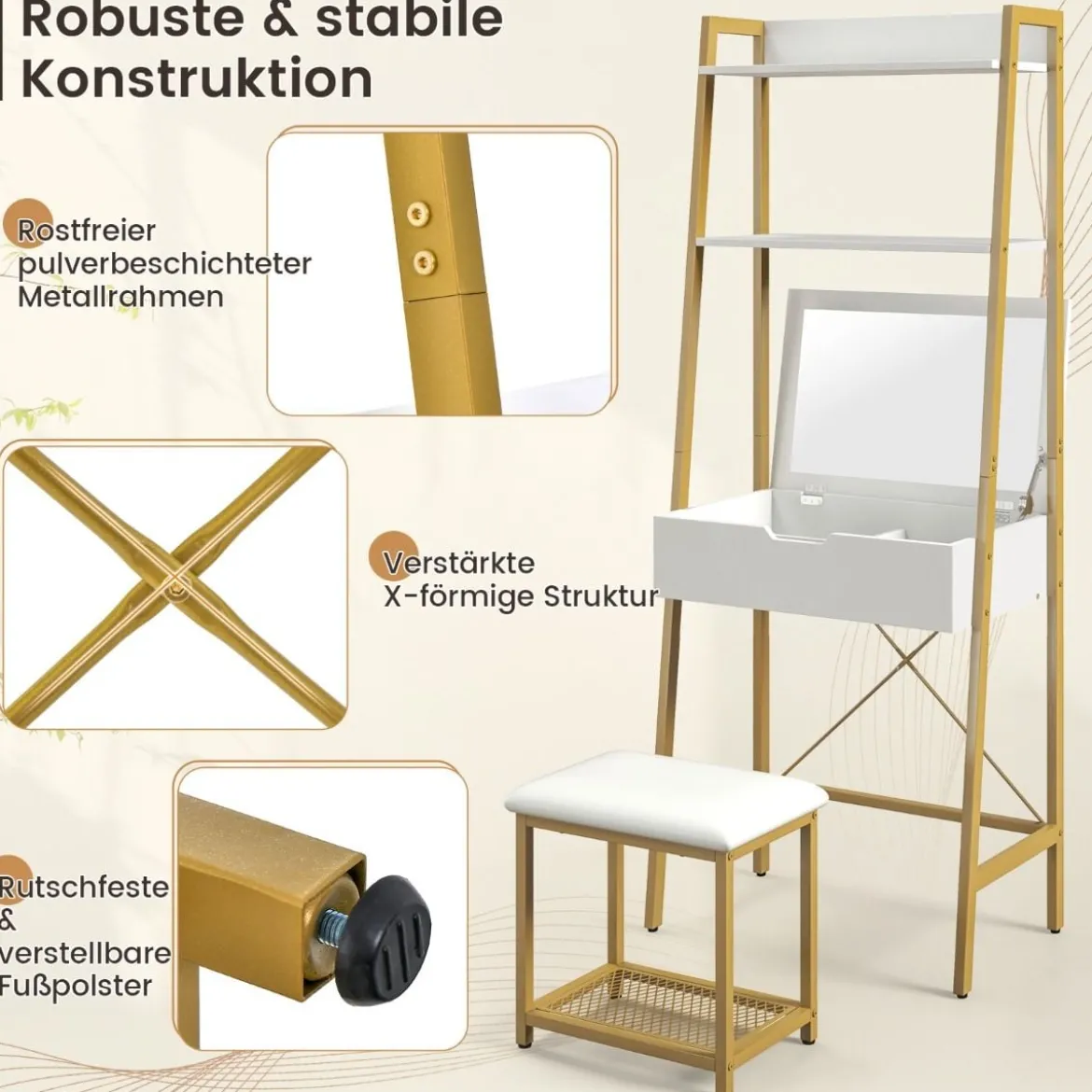 2 in 1 Schminktisch mit Hocker & Spiegel & Doppelten Ablagen & Verstecktem Schrank Weiß Gold