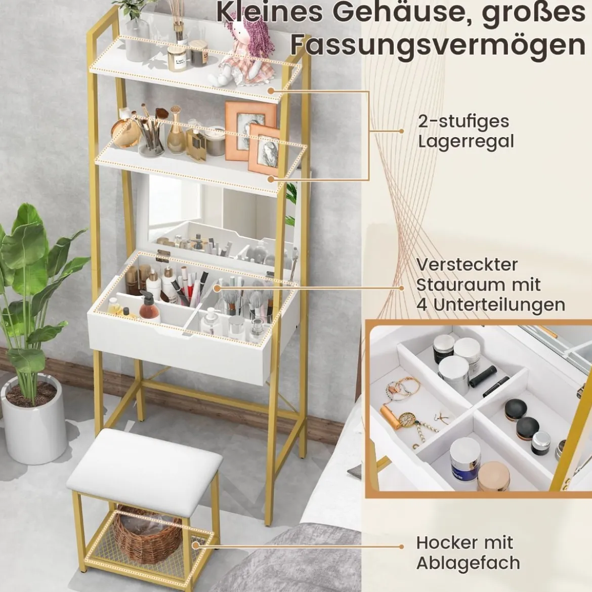 2 in 1 Schminktisch mit Hocker & Spiegel & Doppelten Ablagen & Verstecktem Schrank Weiß Gold