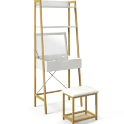 2 in 1 Schminktisch mit Hocker & Spiegel & Doppelten Ablagen & Verstecktem Schrank Weiß Gold