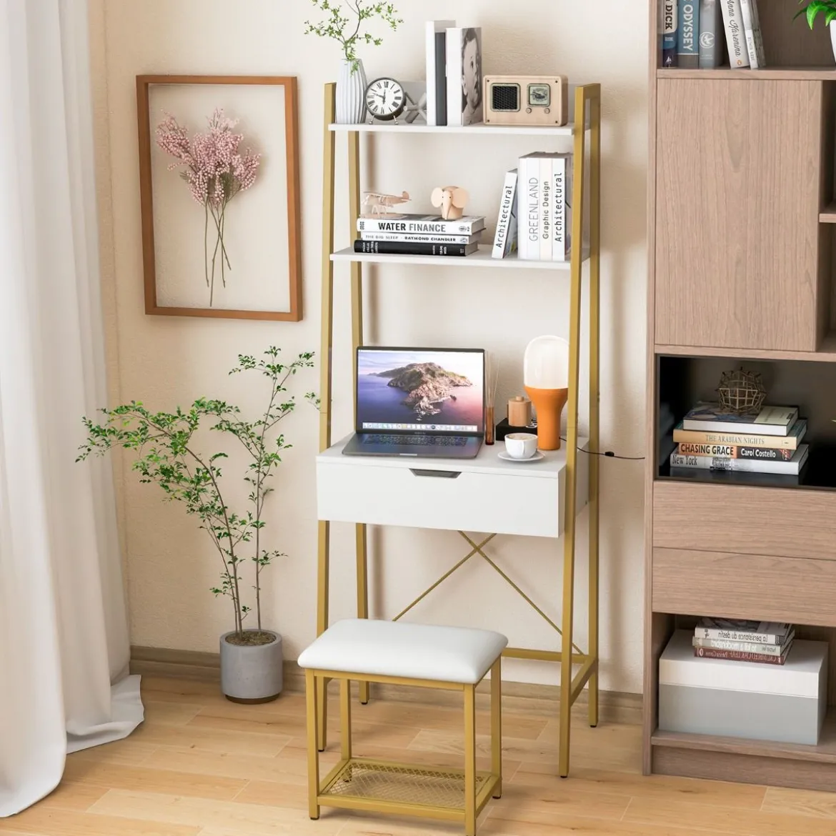 2 in 1 Schminktisch mit Hocker & Spiegel & Doppelten Ablagen & Verstecktem Schrank Weiß Gold