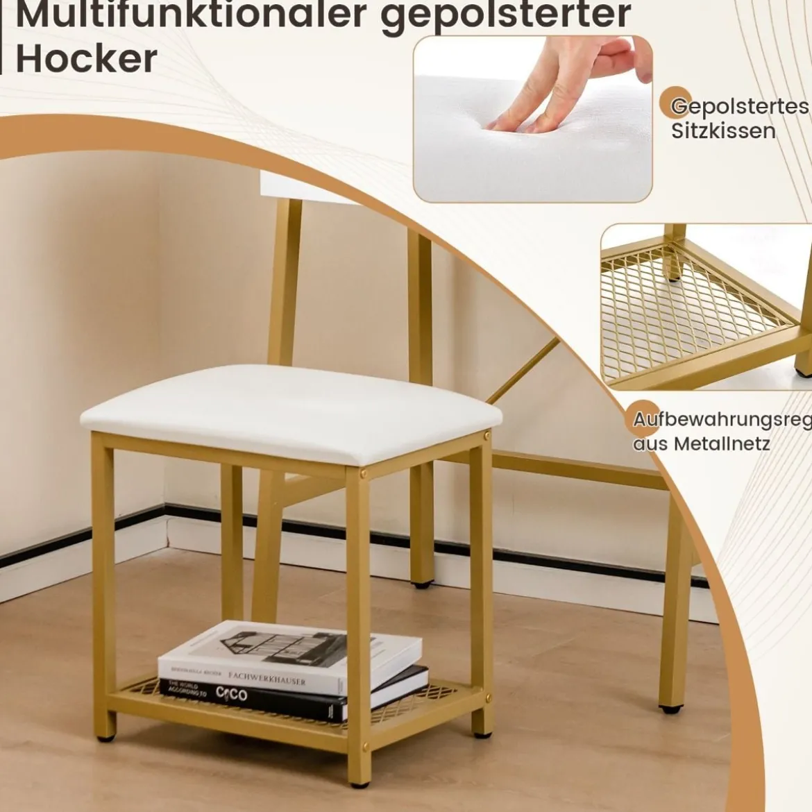 2 in 1 Schminktisch mit Hocker & Spiegel & Doppelten Ablagen & Verstecktem Schrank Weiß Gold
