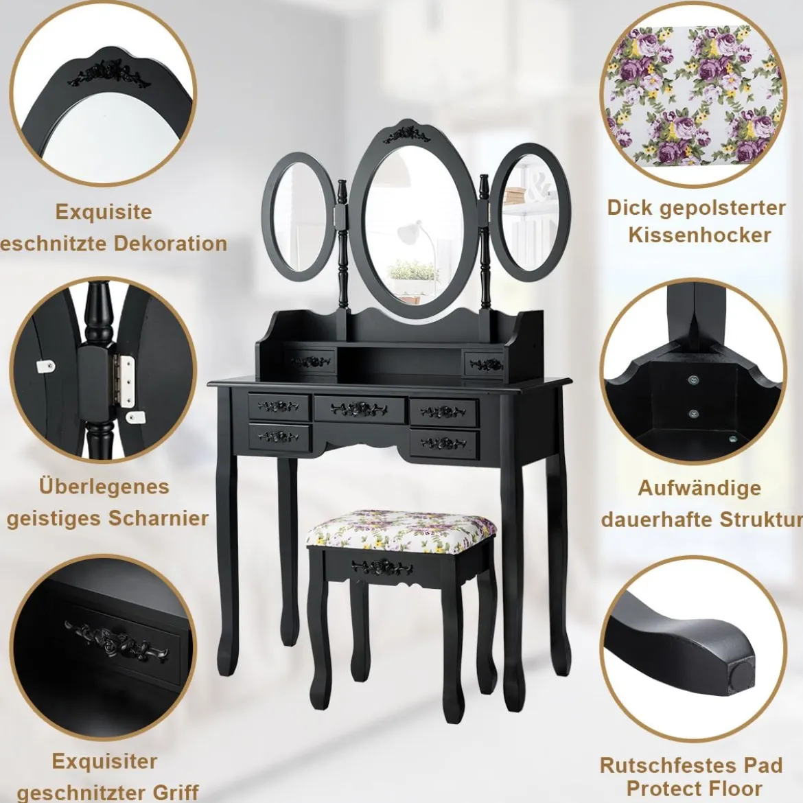2 in 1 Schminktisch mit Klappbarer Spiegel & Hocker & 7 Schubladen & Offenem Regal Schwarz