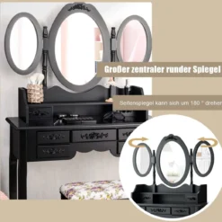 2 in 1 Schminktisch mit Klappbarer Spiegel & Hocker & 7 Schubladen & Offenem Regal Schwarz