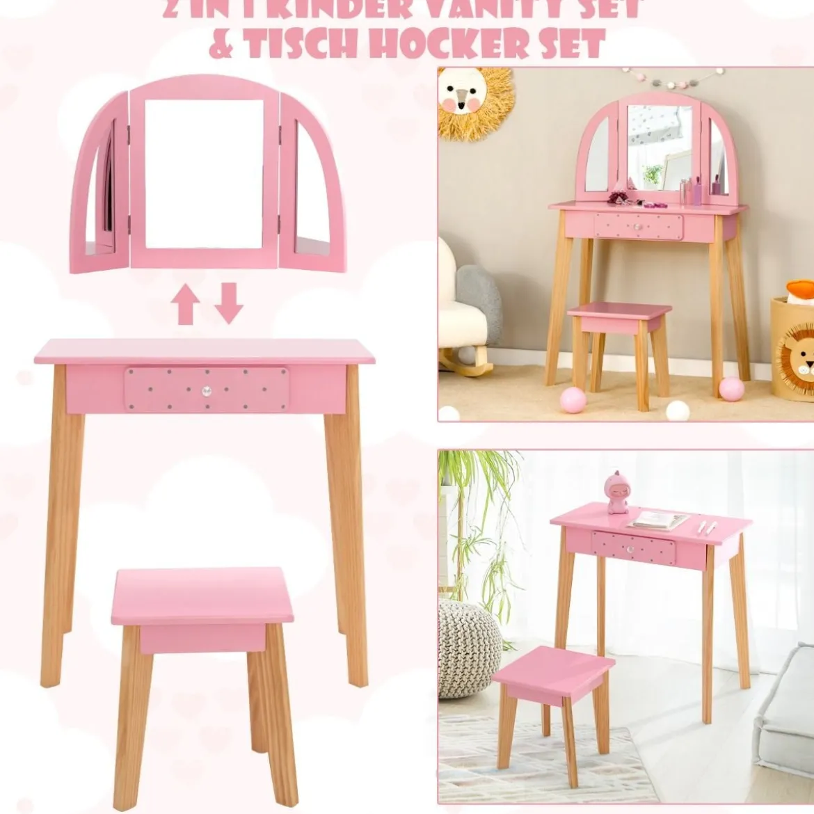 2-in-1-Schminktischset für Kinder Schminktisch & Hocker aus Holz 60 x 30 x 95 cm Rosa + Natur