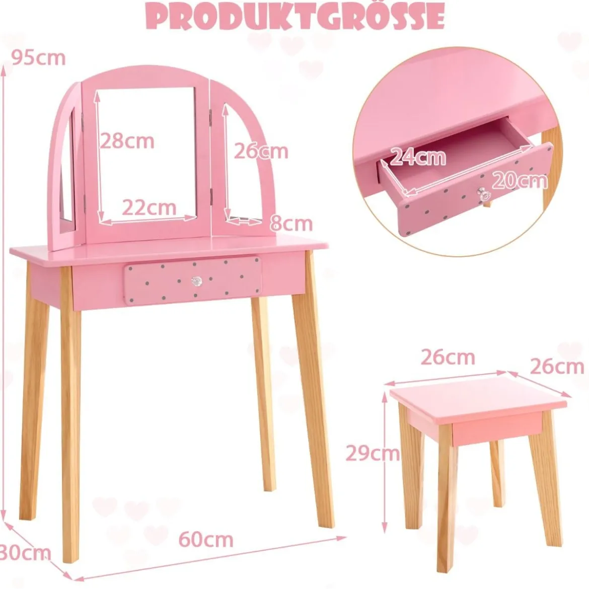 2-in-1-Schminktischset für Kinder Schminktisch & Hocker aus Holz 60 x 30 x 95 cm Rosa + Natur