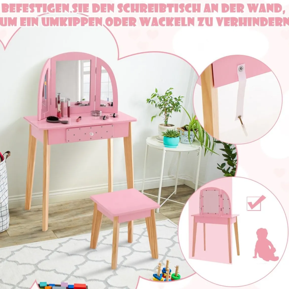 2-in-1-Schminktischset für Kinder Schminktisch & Hocker aus Holz 60 x 30 x 95 cm Rosa + Natur