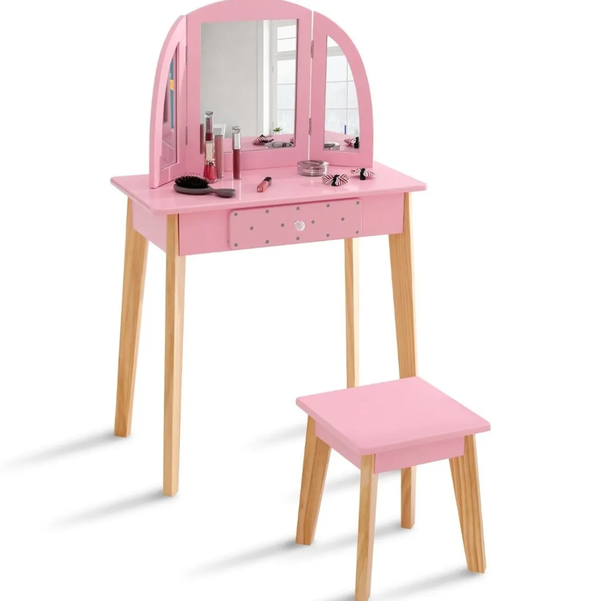 2-in-1-Schminktischset für Kinder Schminktisch & Hocker aus Holz 60 x 30 x 95 cm Rosa + Natur