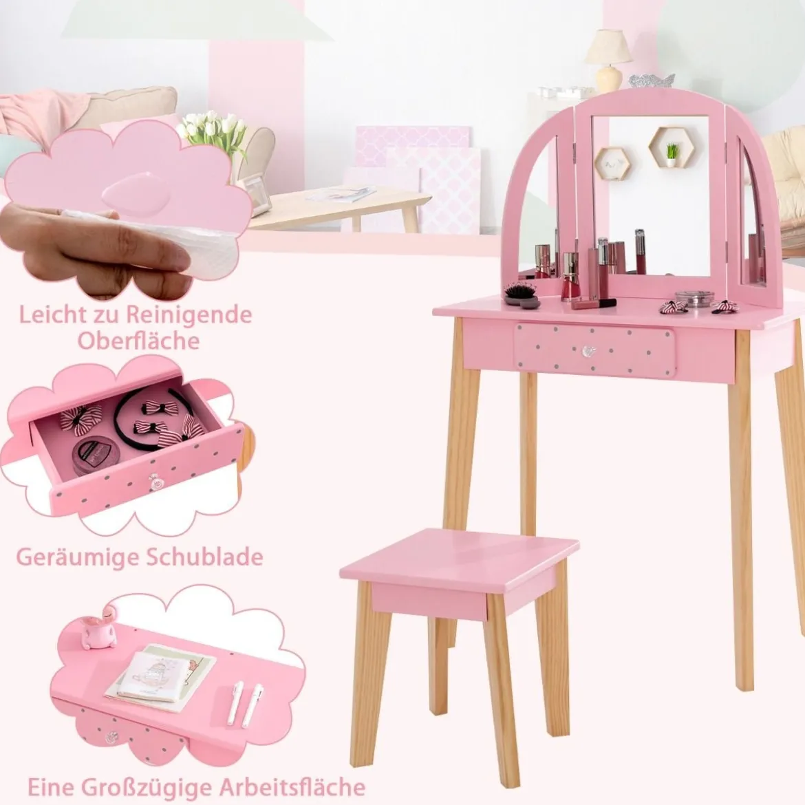 2-in-1-Schminktischset für Kinder Schminktisch & Hocker aus Holz 60 x 30 x 95 cm Rosa + Natur