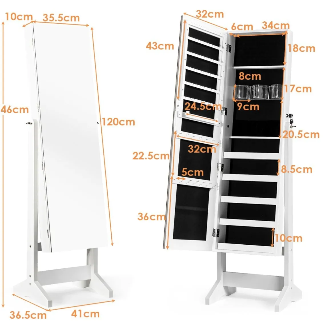 2 in 1 Schmuckschrank mit Spiegel abschließbarer Schmuckorganisator 41 x 36,5 x 146 cm Weiß