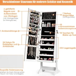 2 in 1 Schmuckschrank mit Spiegel abschließbarer Schmuckorganisator 41 x 36,5 x 146 cm Weiß