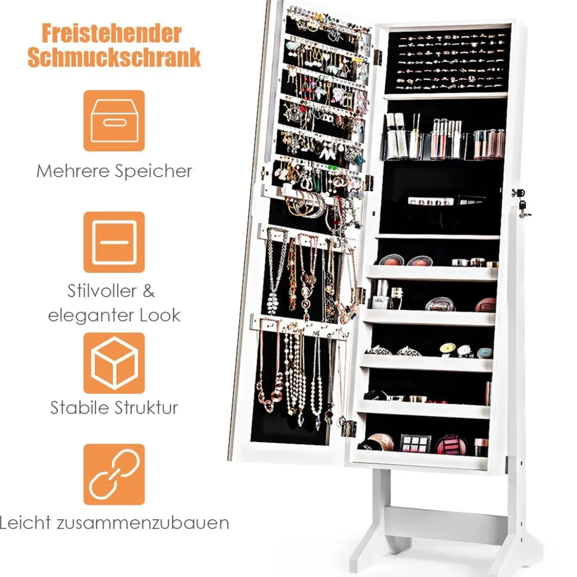 2 in 1 Schmuckschrank mit Spiegel abschließbarer Schmuckorganisator 41 x 36,5 x 146 cm Weiß