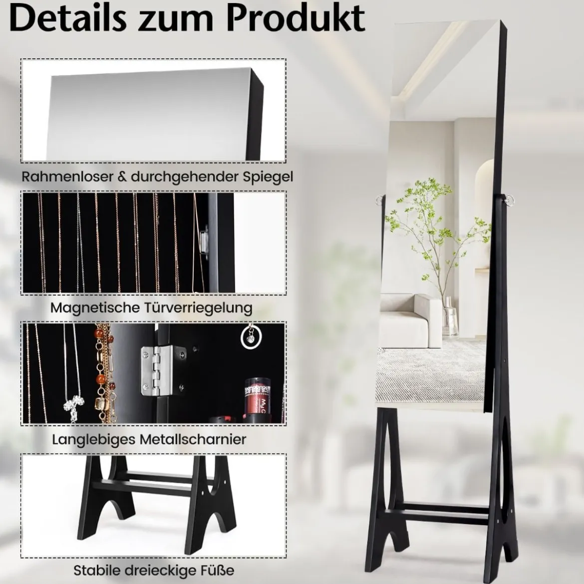 2 in 1 Schmuckschrank Standspiegel mit 12 LEDs Abschließbares Spiegelschrank mit Ganzkörperspiegel