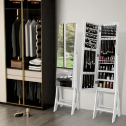 2 in 1 Schmuckschrank Standspiegel mit 12 LEDs Abschließbares Spiegelschrank mit Ganzkörperspiegel