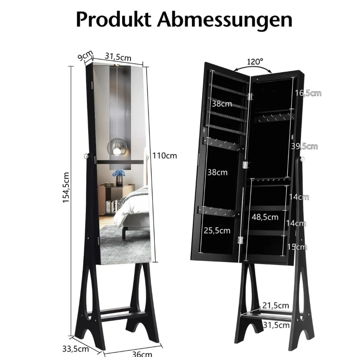 2 in 1 Schmuckschrank Standspiegel mit 12 LEDs Abschließbares Spiegelschrank mit Ganzkörperspiegel