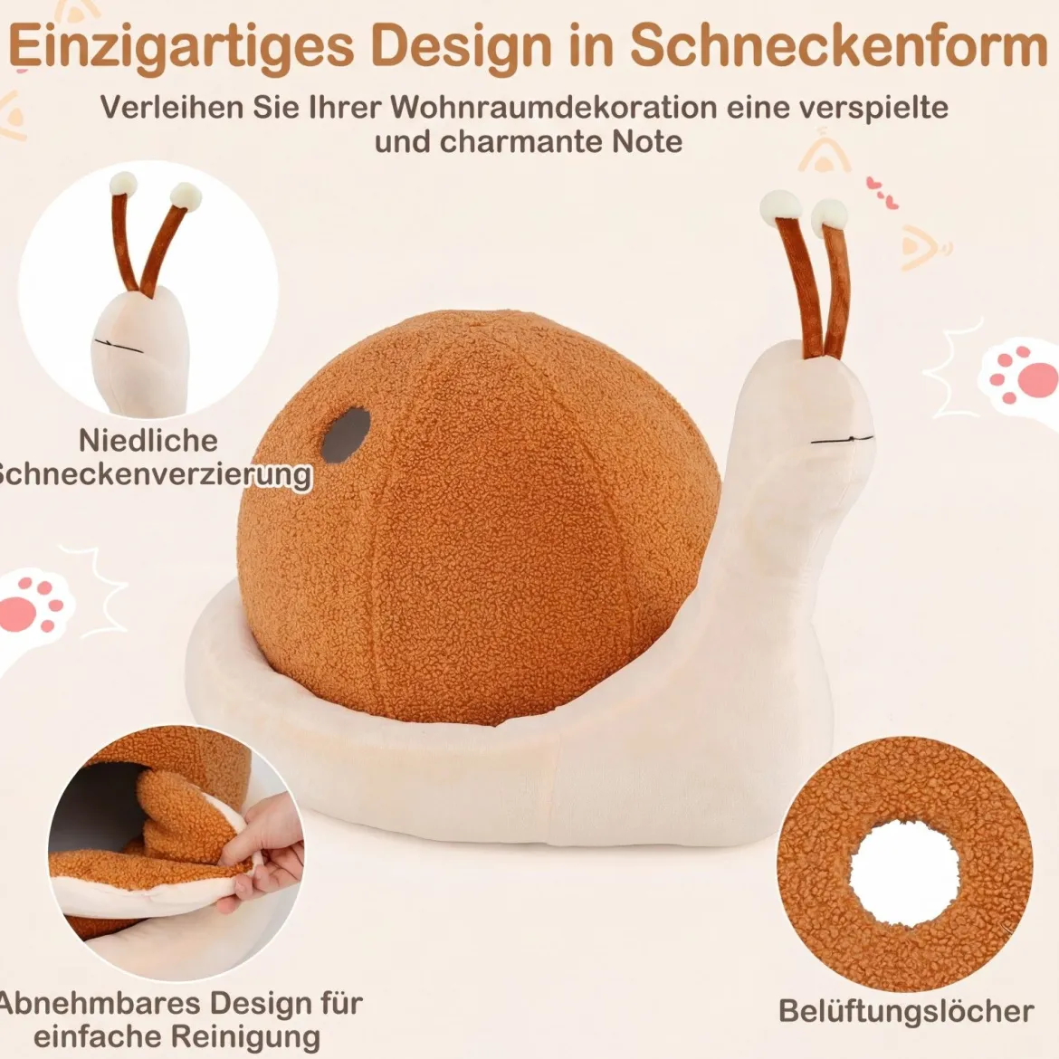 2 in 1 Schneckenförmige Katzenhöhle mit Waschbarem Kissen & Rutschfester Unterseite & Geschlossenem Katzenbett