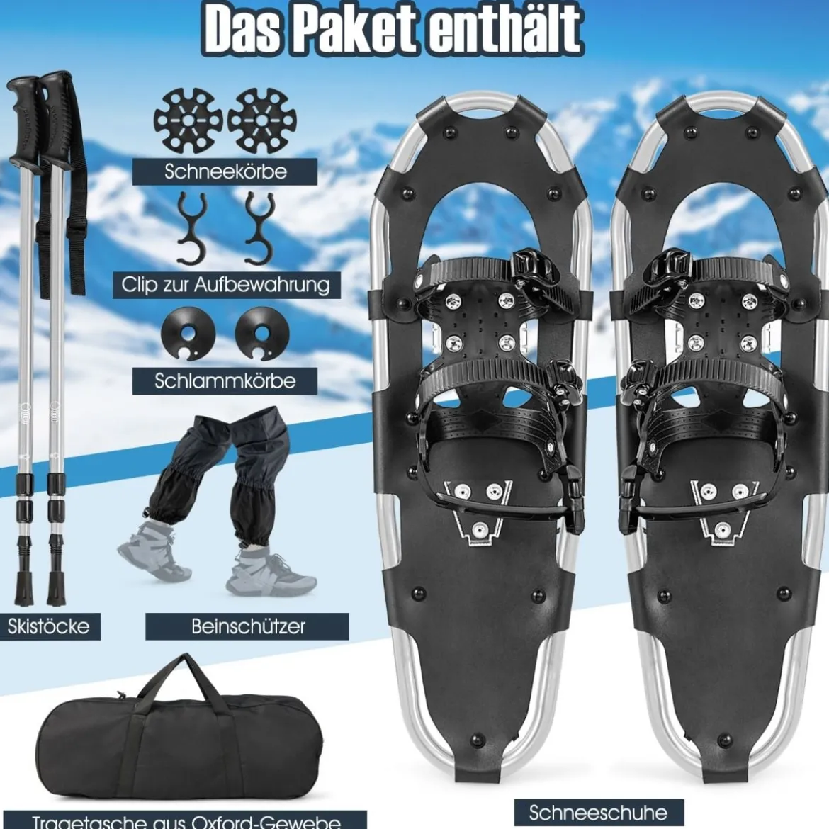 4-in-1 Schneeschuhe-Set Schneeschuhe mit Doppel-Ratschenbindungssystem 78 cm Silber