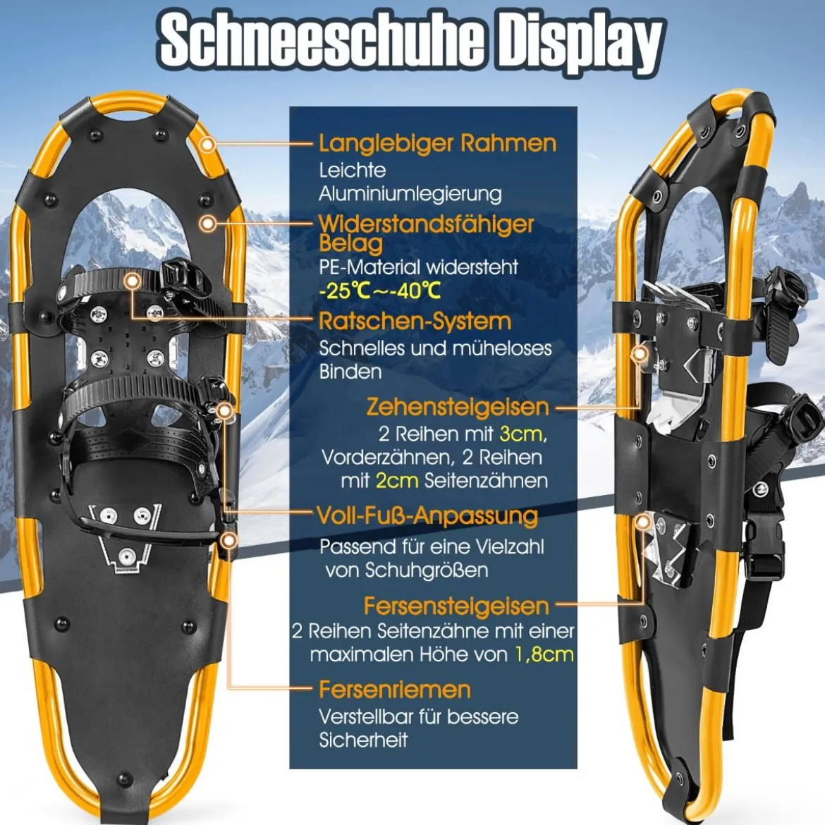 4-in-1 Schneeschuhe-Set Schneeschuhe mit Doppel-Ratschenbindungssystem 63cm Gold