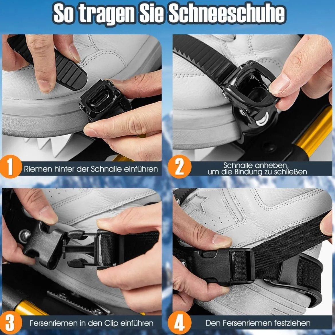 4-in-1 Schneeschuhe-Set Schneeschuhe mit Doppel-Ratschenbindungssystem 63cm Gold