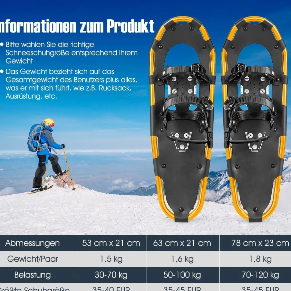 4-in-1 Schneeschuhe-Set Schneeschuhe mit Doppel-Ratschenbindungssystem 63cm Gold