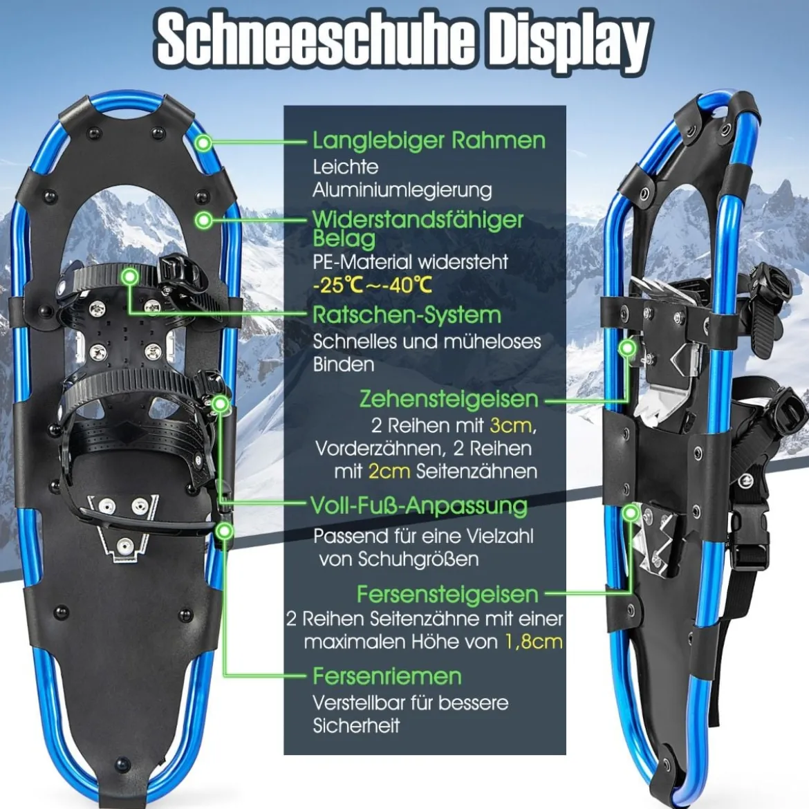 4-in-1 Schneeschuhe-Set Schneeschuhe mit Doppel-Ratschenbindungssystem 53cm Navy Blau