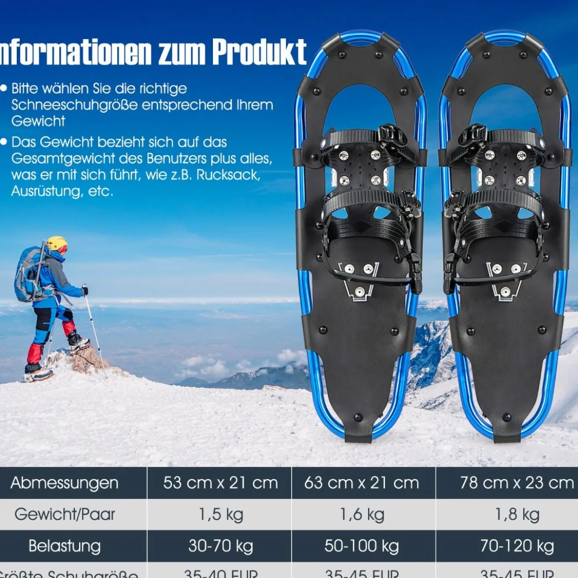 4-in-1 Schneeschuhe-Set Schneeschuhe mit Doppel-Ratschenbindungssystem 78 cm Navy Blau