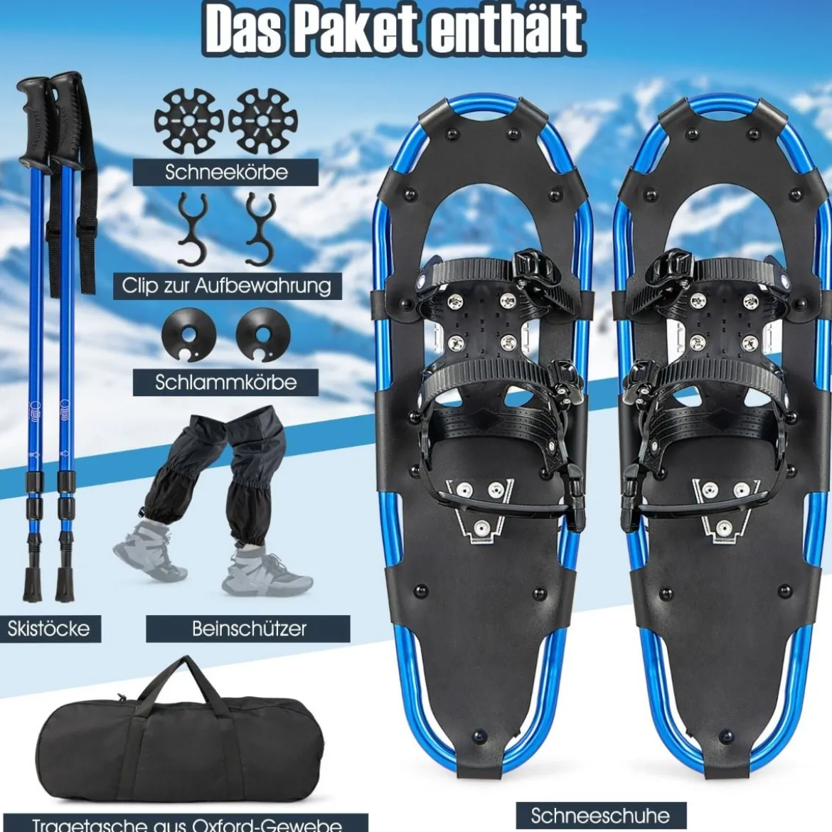 4-in-1 Schneeschuhe-Set Schneeschuhe mit Doppel-Ratschenbindungssystem 78 cm Navy Blau