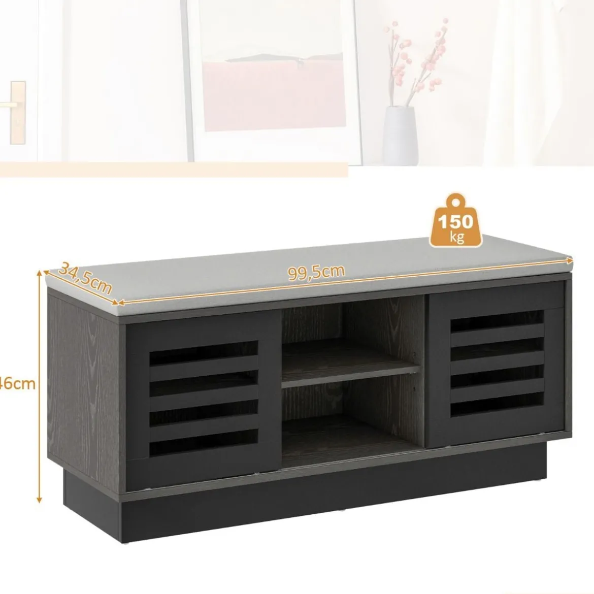 2 in 1 Sitzbank & Schuhregal mit 6 Fächer & 3 Verstellbaren Ablagen Schiebetüre 99,5 x 34,5 x 46 cm Grau
