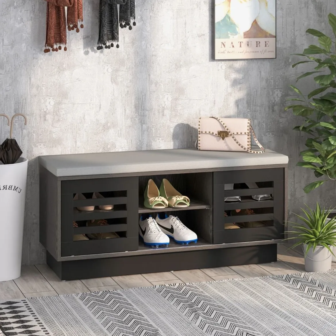 2 in 1 Sitzbank & Schuhregal mit 6 Fächer & 3 Verstellbaren Ablagen Schiebetüre 99,5 x 34,5 x 46 cm Grau