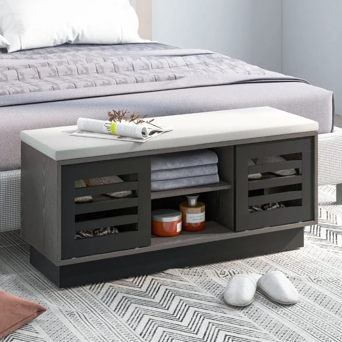 2 in 1 Sitzbank & Schuhregal mit 6 Fächer & 3 Verstellbaren Ablagen Schiebetüre 99,5 x 34,5 x 46 cm Grau