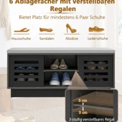 2 in 1 Sitzbank & Schuhregal mit 6 Fächer & 3 Verstellbaren Ablagen Schiebetüre 99,5 x 34,5 x 46 cm Grau