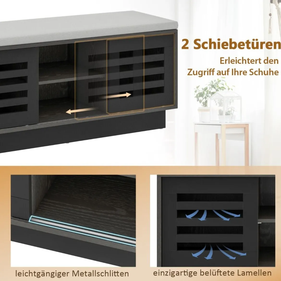 2 in 1 Sitzbank & Schuhregal mit 6 Fächer & 3 Verstellbaren Ablagen Schiebetüre 99,5 x 34,5 x 46 cm Grau